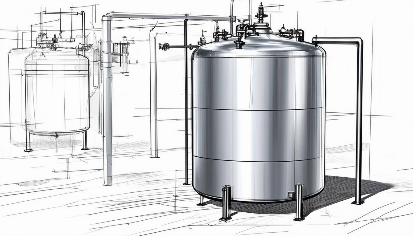 make a picture of a sketch of a stainless steel tank for the pharma industry